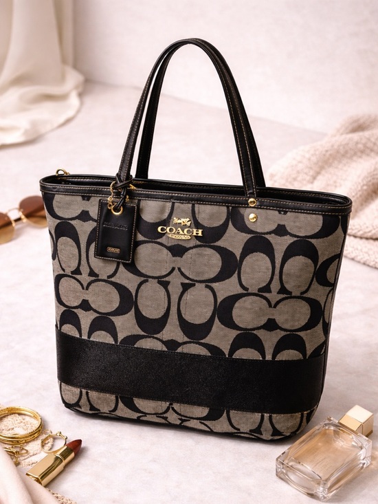 Coach Handbags - Coach Signature Black Gray Canvas Leather structured logo Shoulder Bag